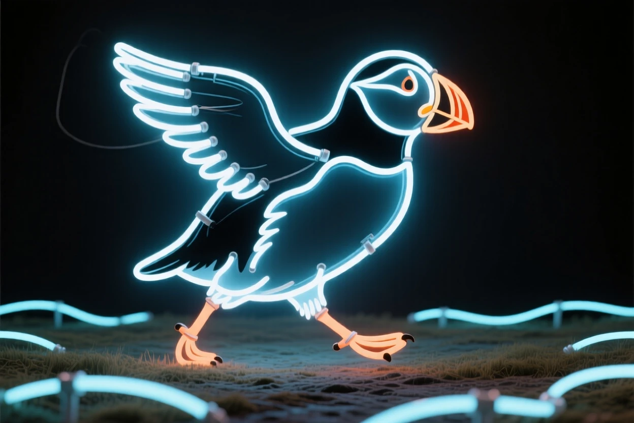 A puffin captured mid-stride crossing an open clearing.