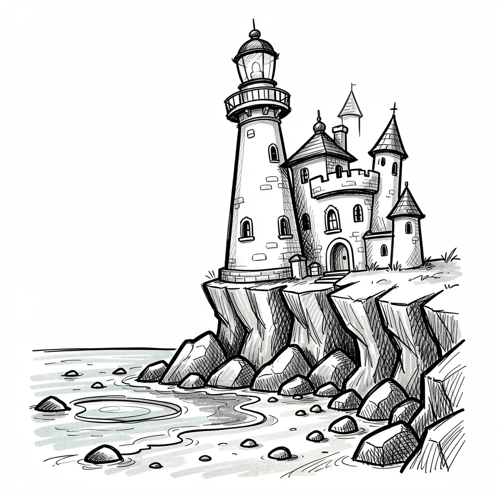 A lighthouse castle perched on a cliff on a rocky shoreline at low tide.