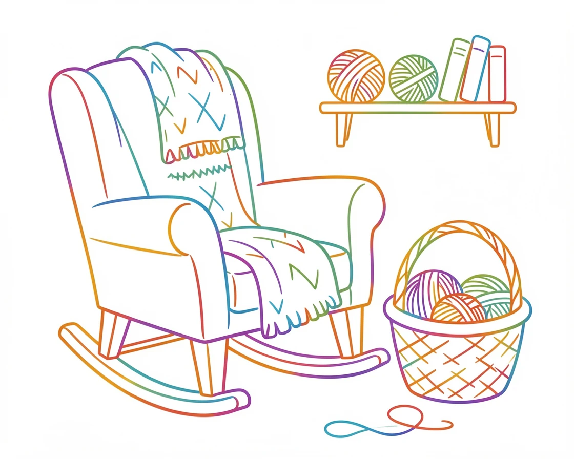 A cozy knitting corner with a basket of yarn beside a rocking chair.