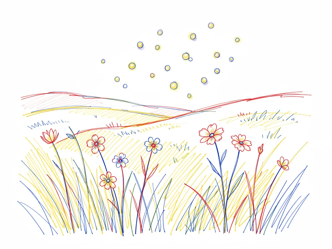A warm summer evening with fireflies rising over a quiet field
