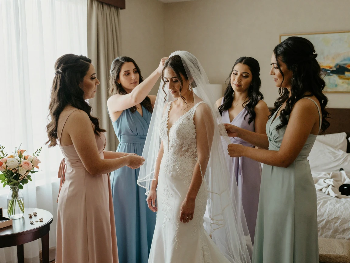 Bridesmaids in mismatched dresses help the bride adjust her veil in a hotel room before the ceremony.