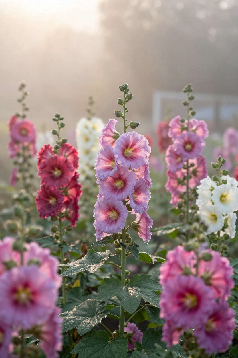 A garden of towering hollyhocks glistening with fresh dew at sunrise