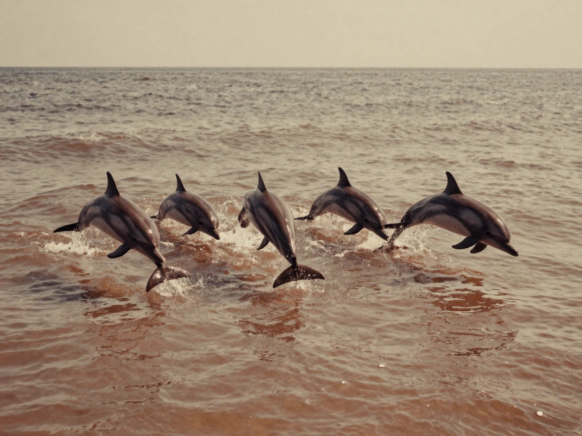 A pod of dolphins leaping through gentle ocean waves, under harsh midday sun, in crisp, dry air, in the mild days of early autumn, dominated by warm amber and rust tones, framed symmetrically down a long corridor.