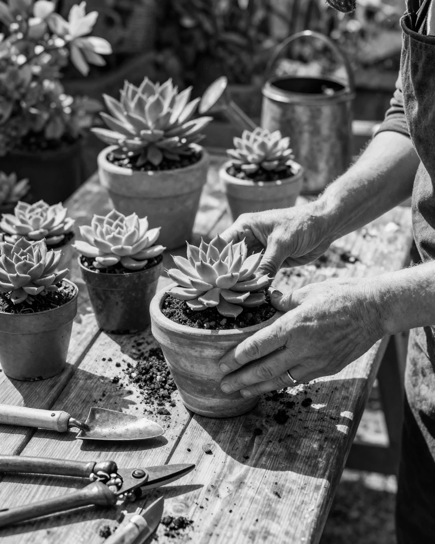 A gardener repots a collection of succulents on a sunny potting bench.