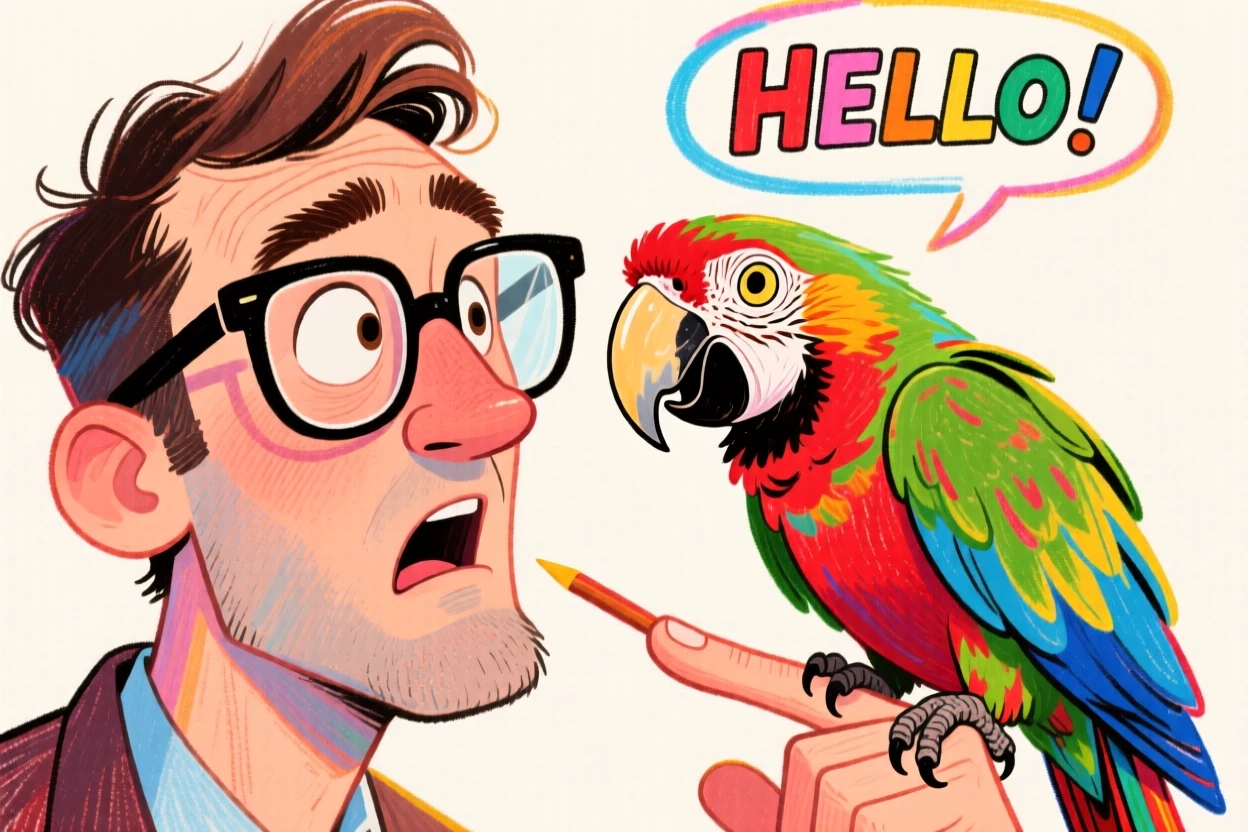 A man teaching his parrot to say a new word, both looking equally focused.
