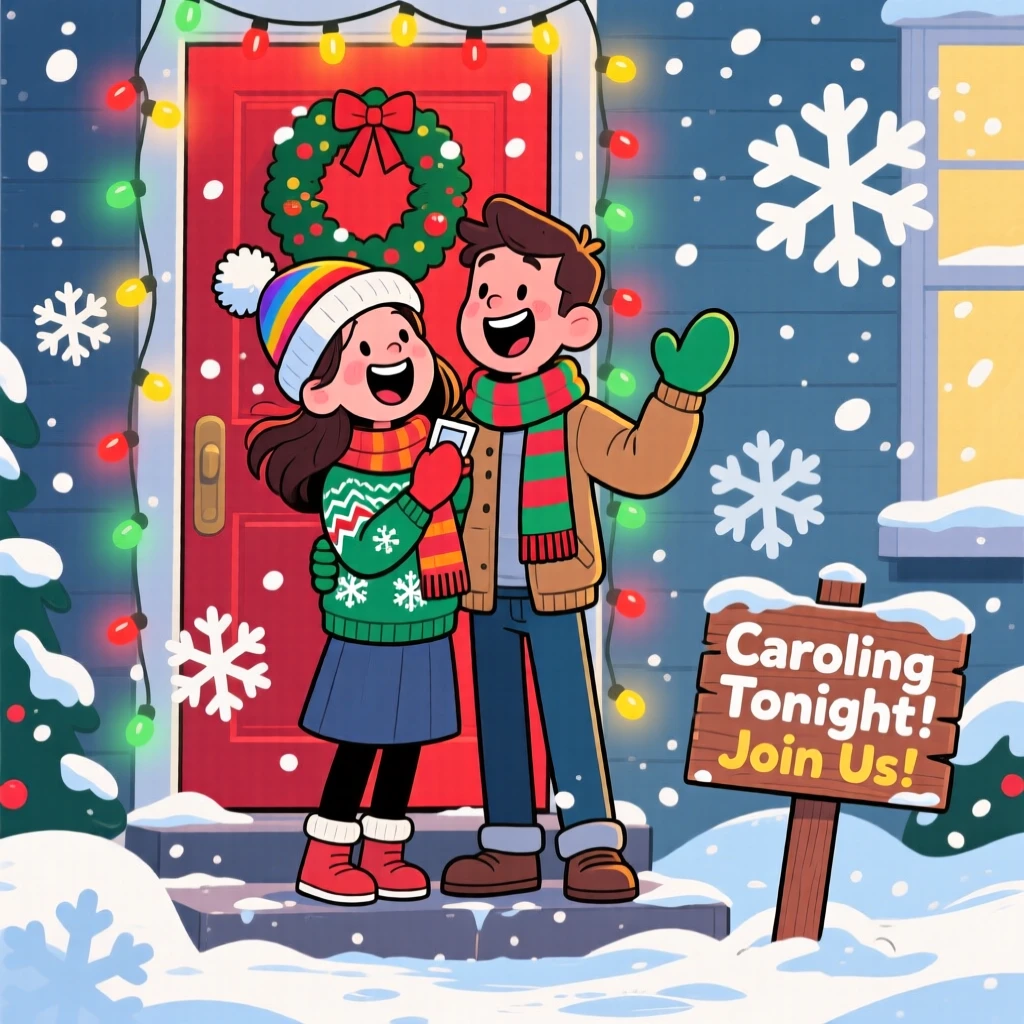 A festive celebration scene of a young couple singing carols together on a snowy doorstep, as snow gently falls around them.