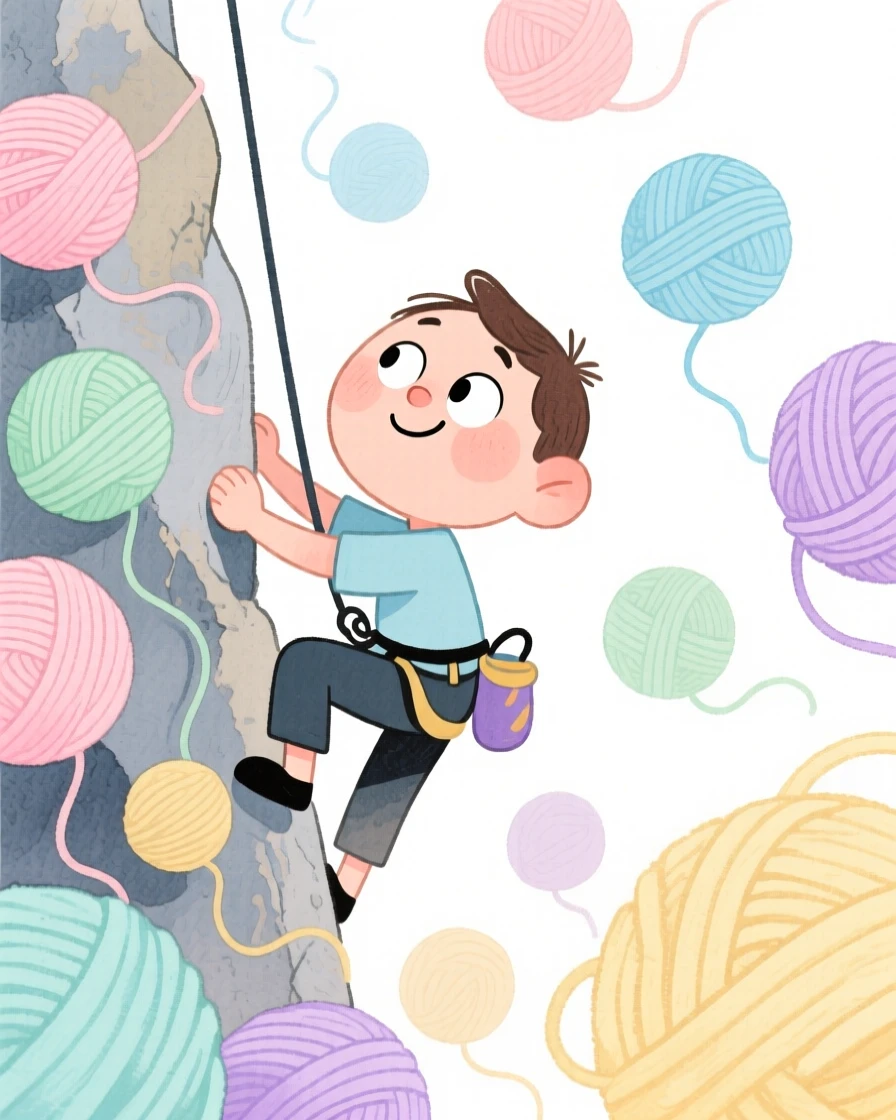 A rock climber surrounded by balls of colorful yarn