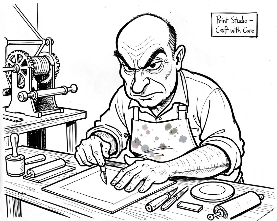 [Occupations & Hobbies] Detailed scene of a focused printmaker setting up tools for the day, showcasing skill and dedication