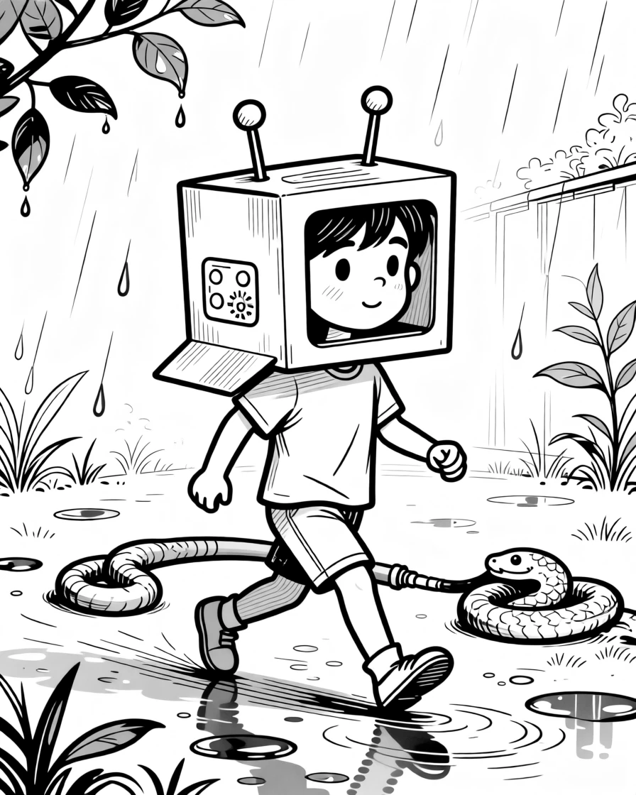 A child wearing a cardboard box as a spaceship helmet, marching confidently despite the obvious mistake, set in a backyard after a summer rainstorm. A garden hose lies coiled like a sleeping snake. It feels like a cherished memory frozen in time.