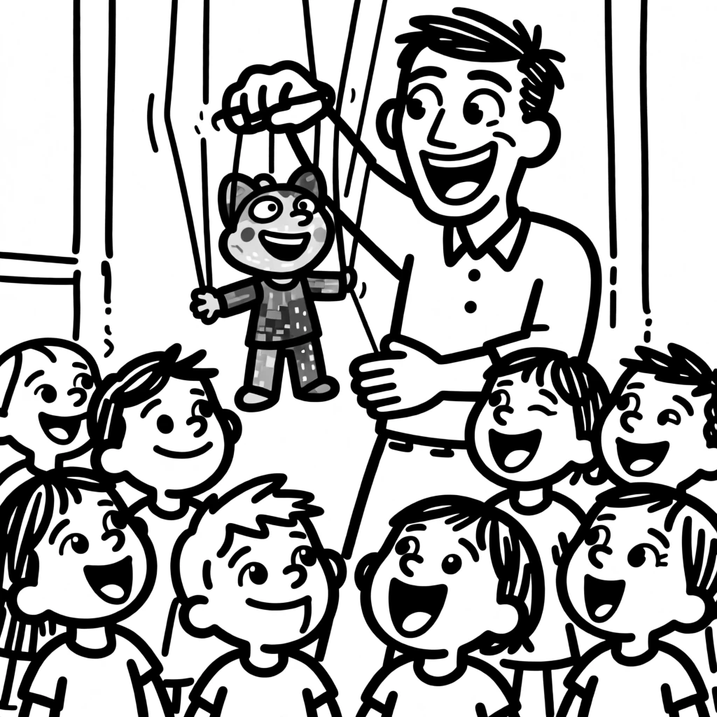 A puppeteer bringing a colorful puppet to life for a delighted group of children.