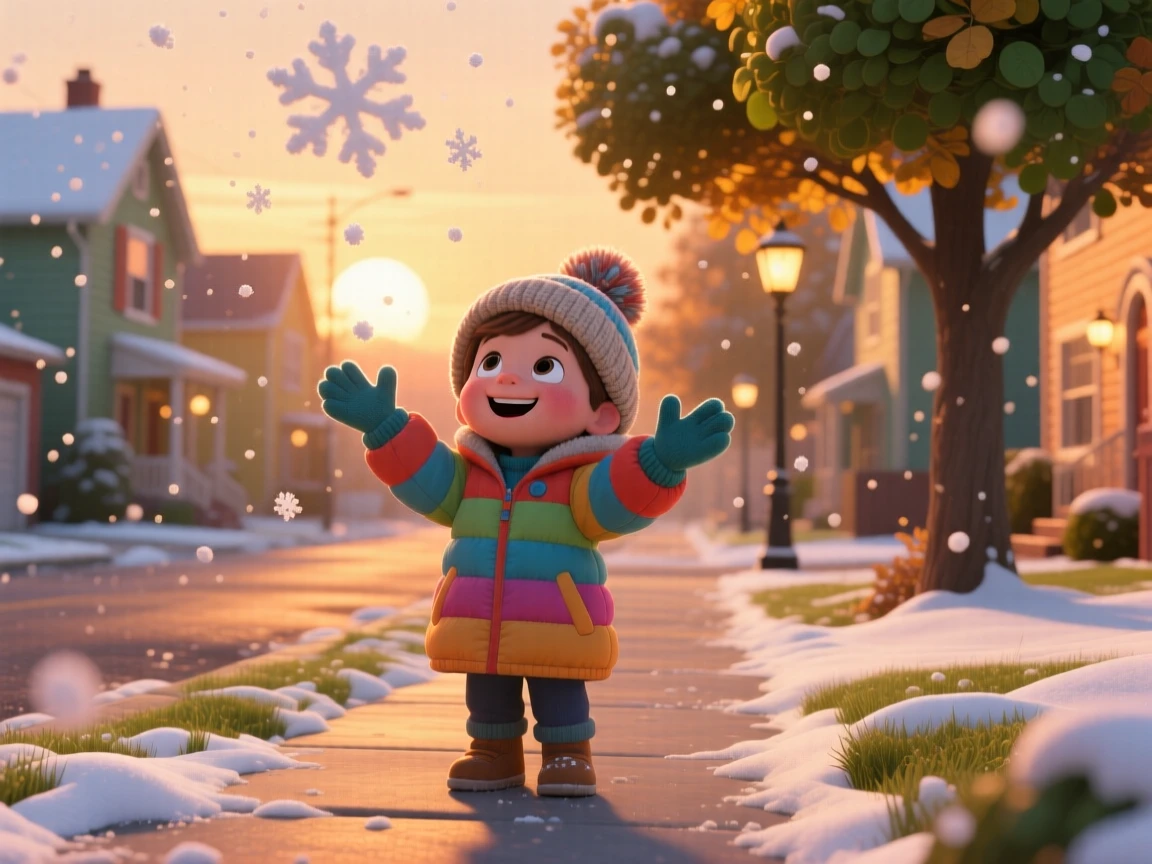 A child seeing snow for the first time unfolds on a quiet neighborhood street at golden hour, with a gentle breeze rustling nearby leaves. A heartfelt sense of happiness fills the moment.
