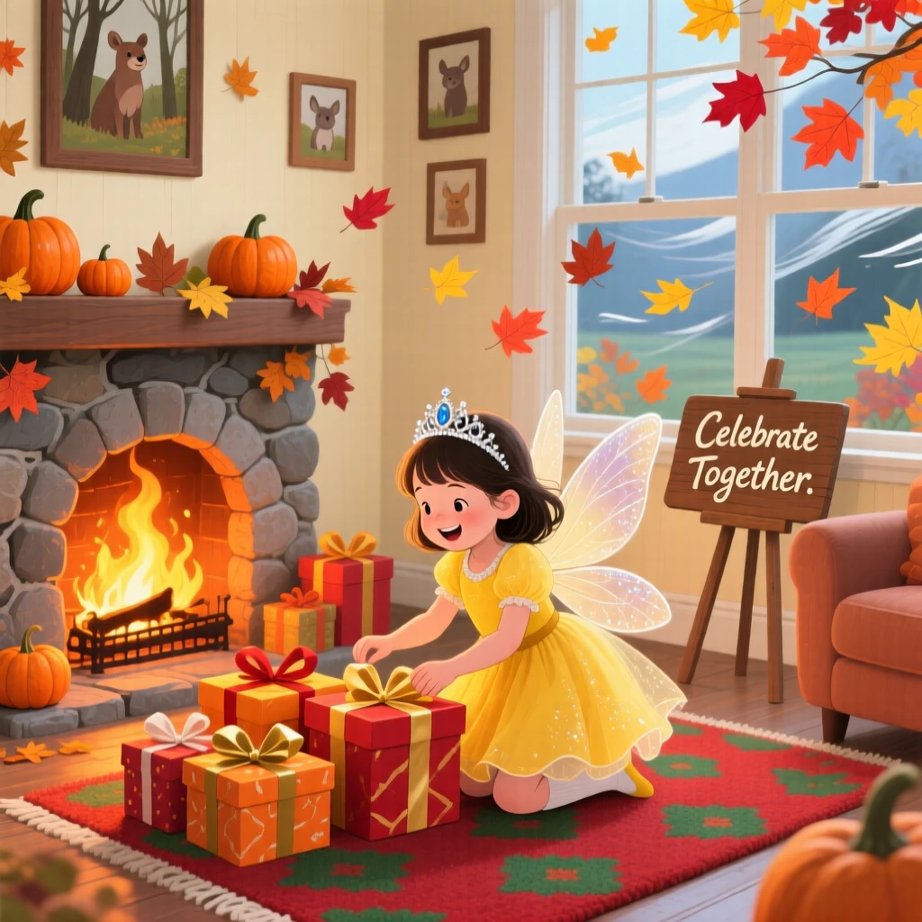 In a cozy living room by the fire, a little girl in a costume celebrate together by opening presents beside a crackling fireplace, as colorful leaves swirl through the air.