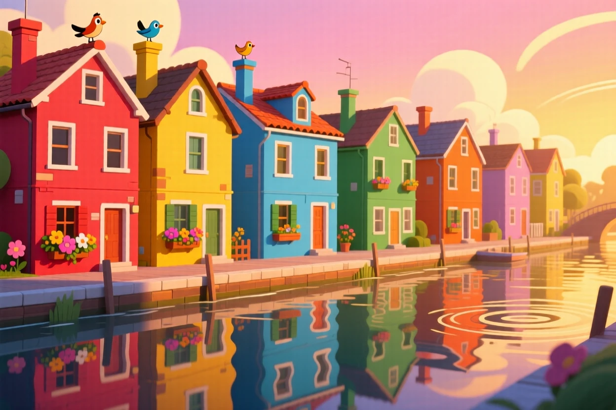 A row of colorful houses reflected in a canal at golden hour.