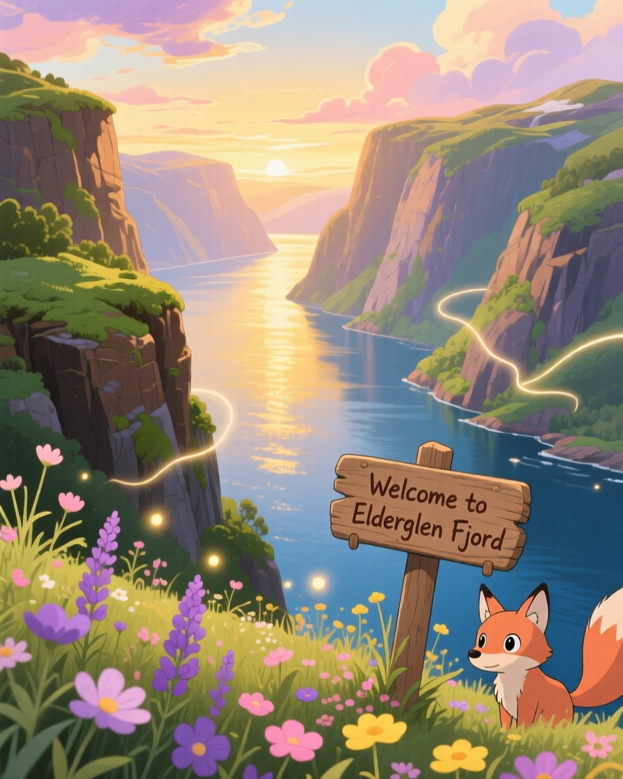 A breathtaking view of a fjord flanked by towering cliffs, with wildflowers swaying gently in the breeze, at golden hour, viewed from a high vantage point.