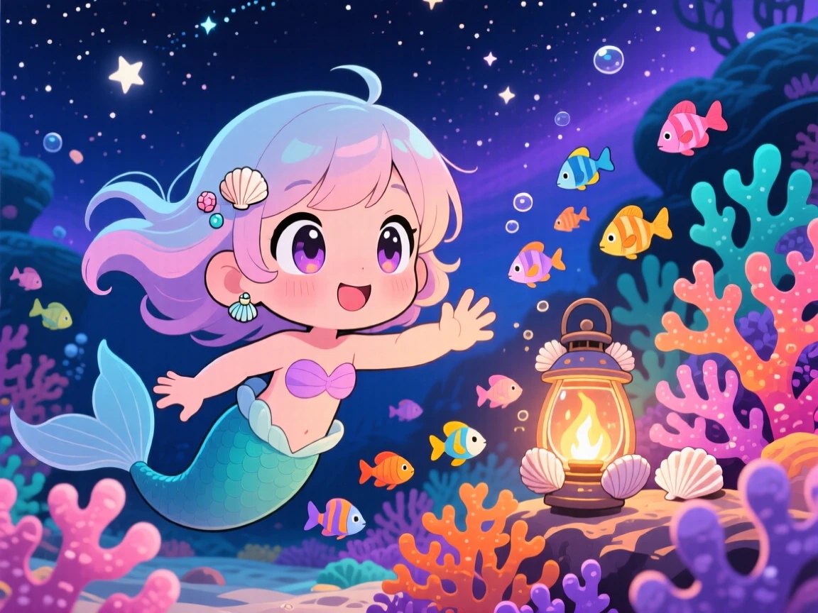 Close-up portrait of a mermaid child, playing tag with a school of colorful fish, in a vibrant coral reef, under a starry midsummer night sky, illuminated by cozy firelight, radiating wide-eyed wonder.