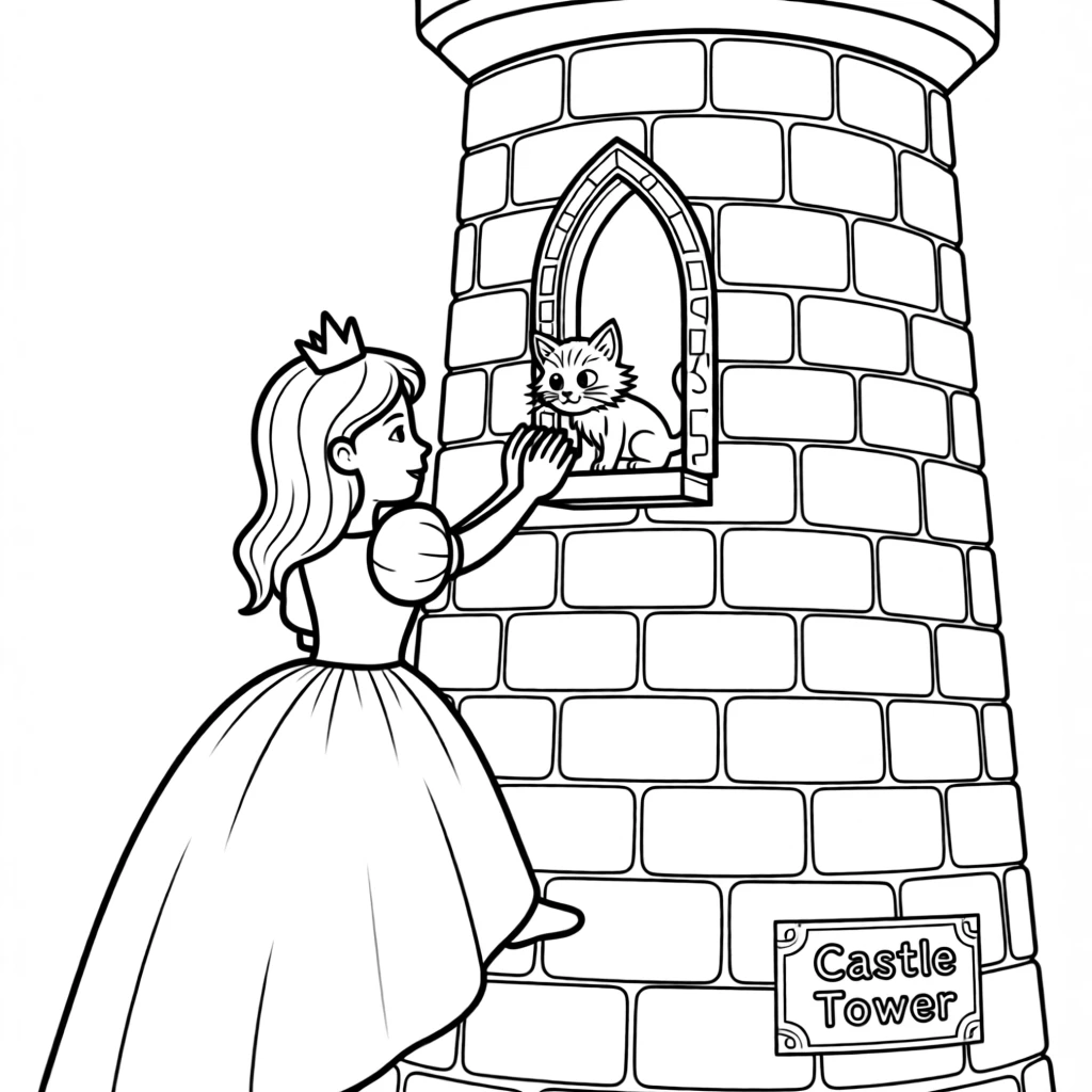 A brave princess rescuing a kitten stuck in a castle tower