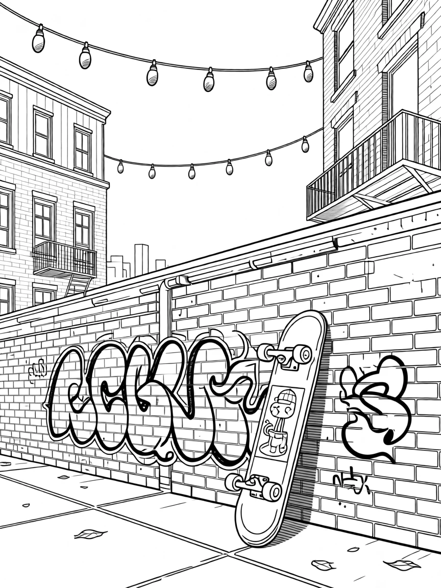 A skateboard resting against a graffiti-covered wall, with string lights strung between old buildings.