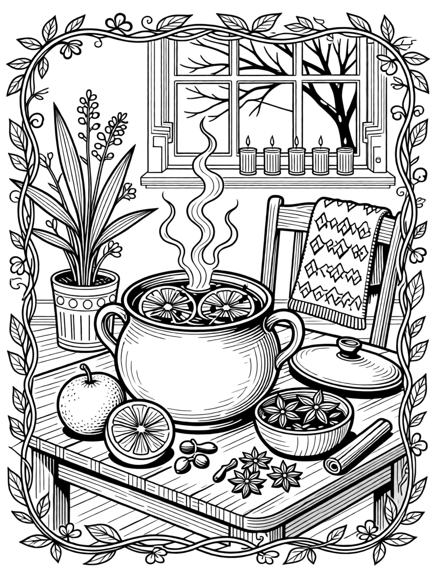A cozy mulled wine scene simmering with orange slices and cloves.
