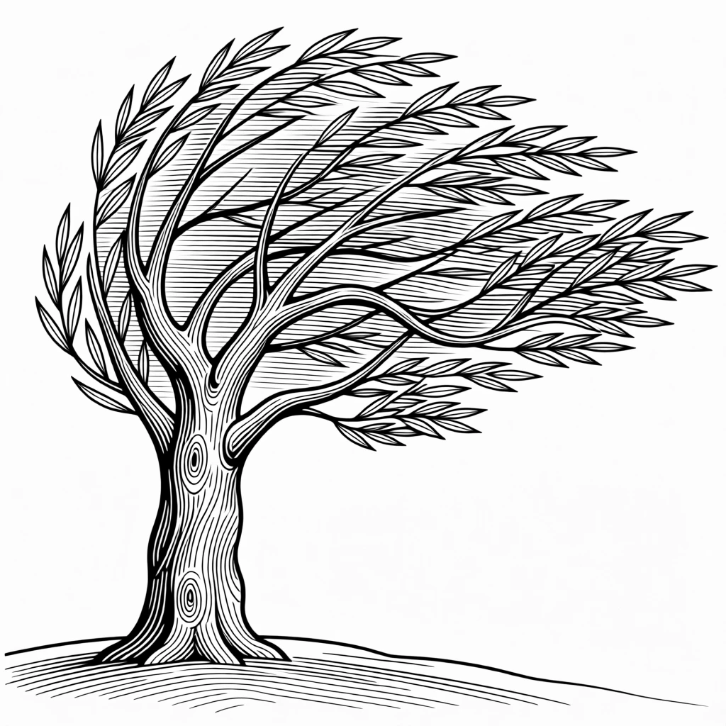 A tree standing strong against a fierce wind symbolizing resilience