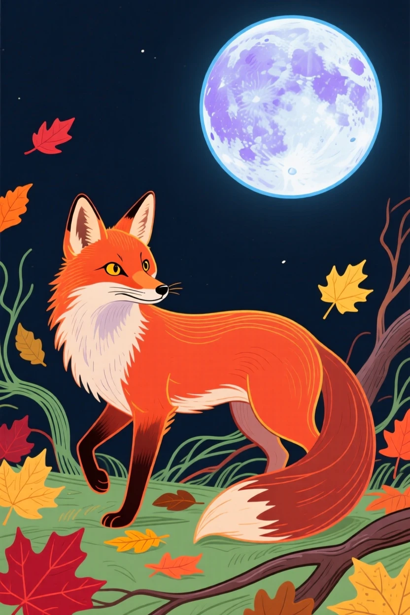A curious fox wandering among autumn leaves under a full moon.