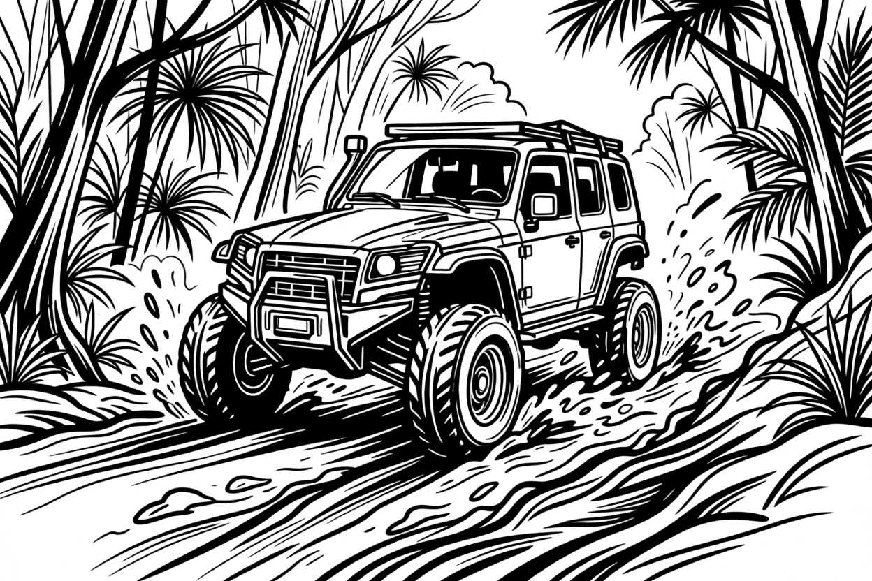A rugged all-terrain vehicle crossing a muddy jungle trail.