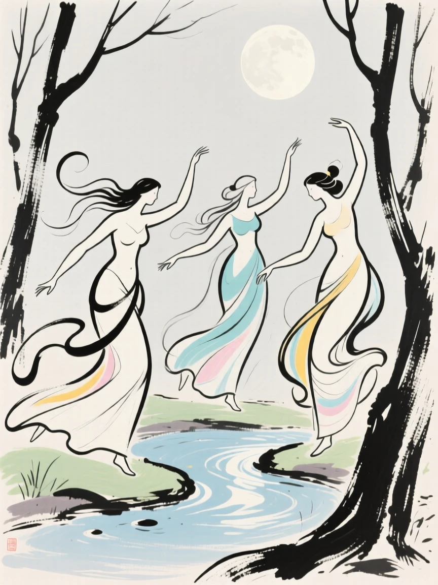 A group of nymphs dancing beside a moonlit woodland spring.