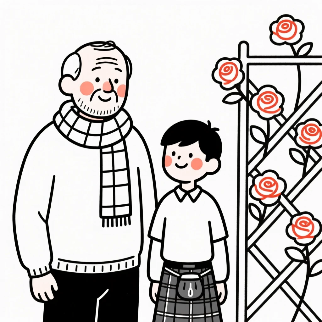 A grandfather and grandson of Scottish heritage, beaming with pride, beside a blooming rose trellis.