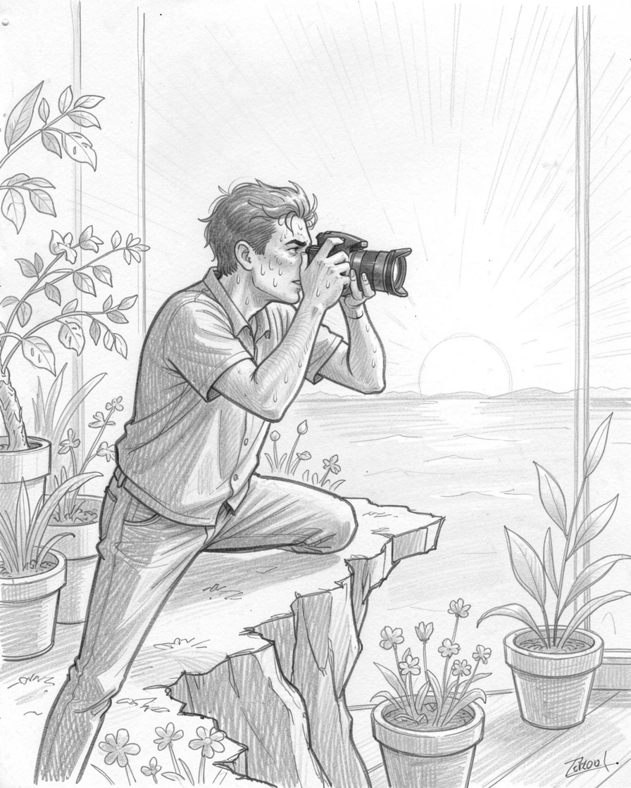 A dynamic action shot of a photographer capturing a sunset from a cliff edge in a peaceful garden studio, with sweat and sunlight glistening together.