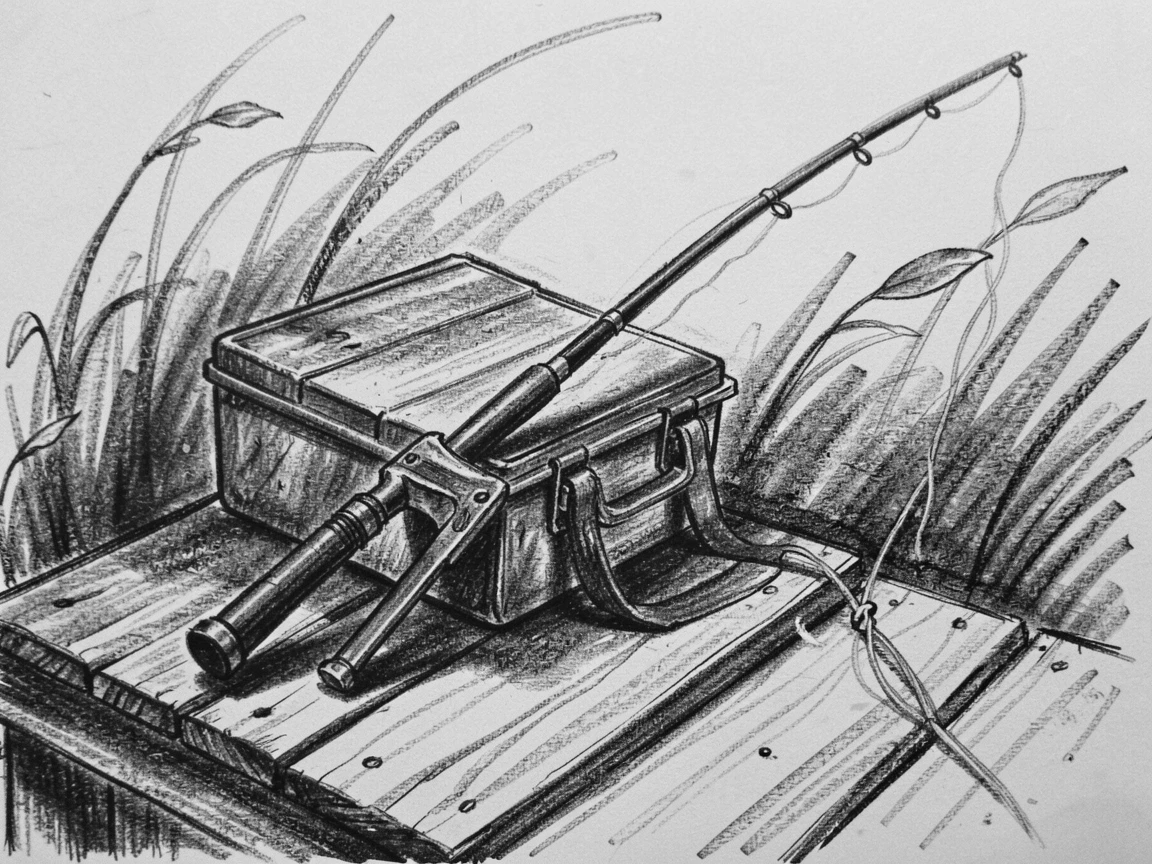 A fisherman's tackle box and rod resting on a dock, with a light breeze stirring the surroundings.