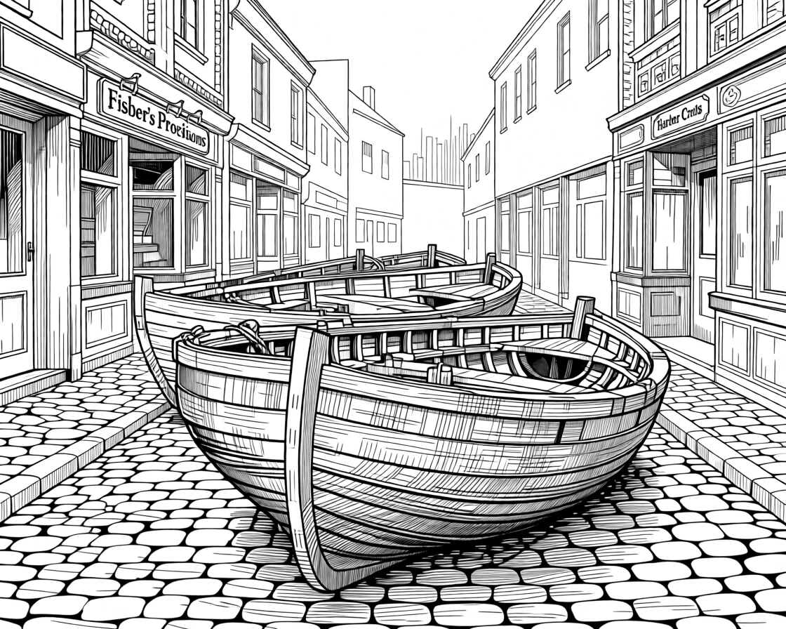 A fisherman's village with traditional wooden boats on a cobbled street lined with old shopfronts, with ornate carvings adorning nearby structures, portrayed in a peacefully ceremonial historical scene.