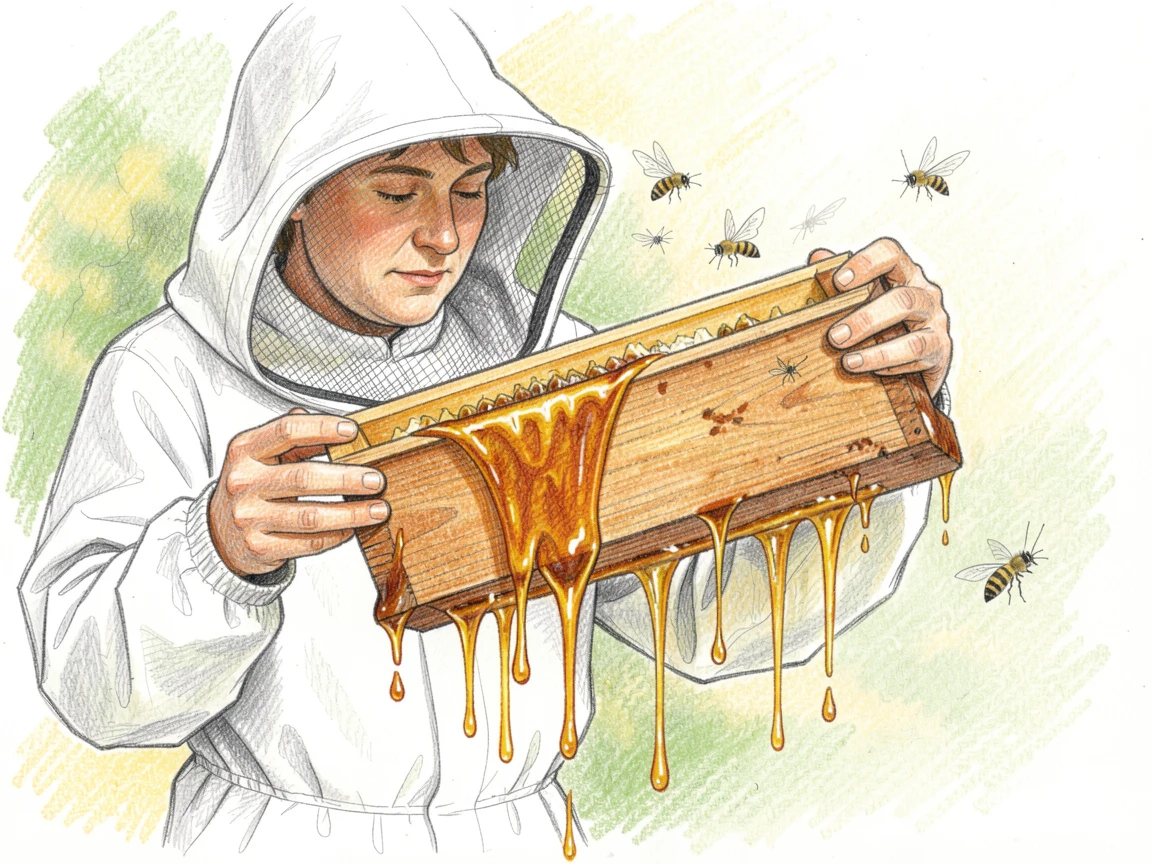 A beekeeper lifting a frame dripping with golden honey, with delicate details that reward a closer look, perfect for anyone drawn to gentle, heartfelt imagery.