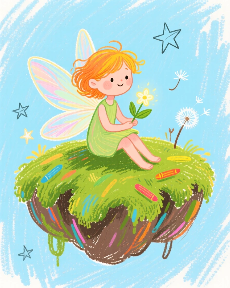 A forest fairy perched atop a floating moss covered island.