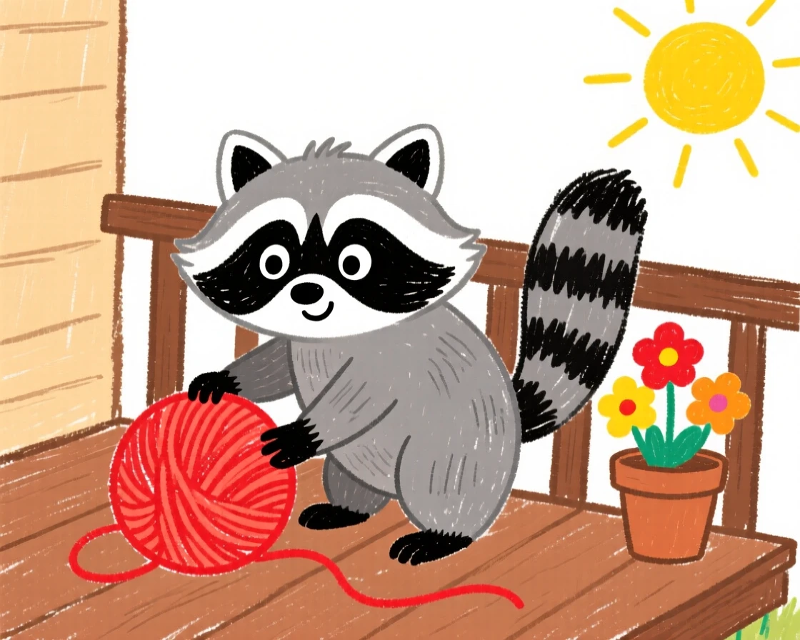 A curious raccoon kit playing with a ball of yarn on a porch.
