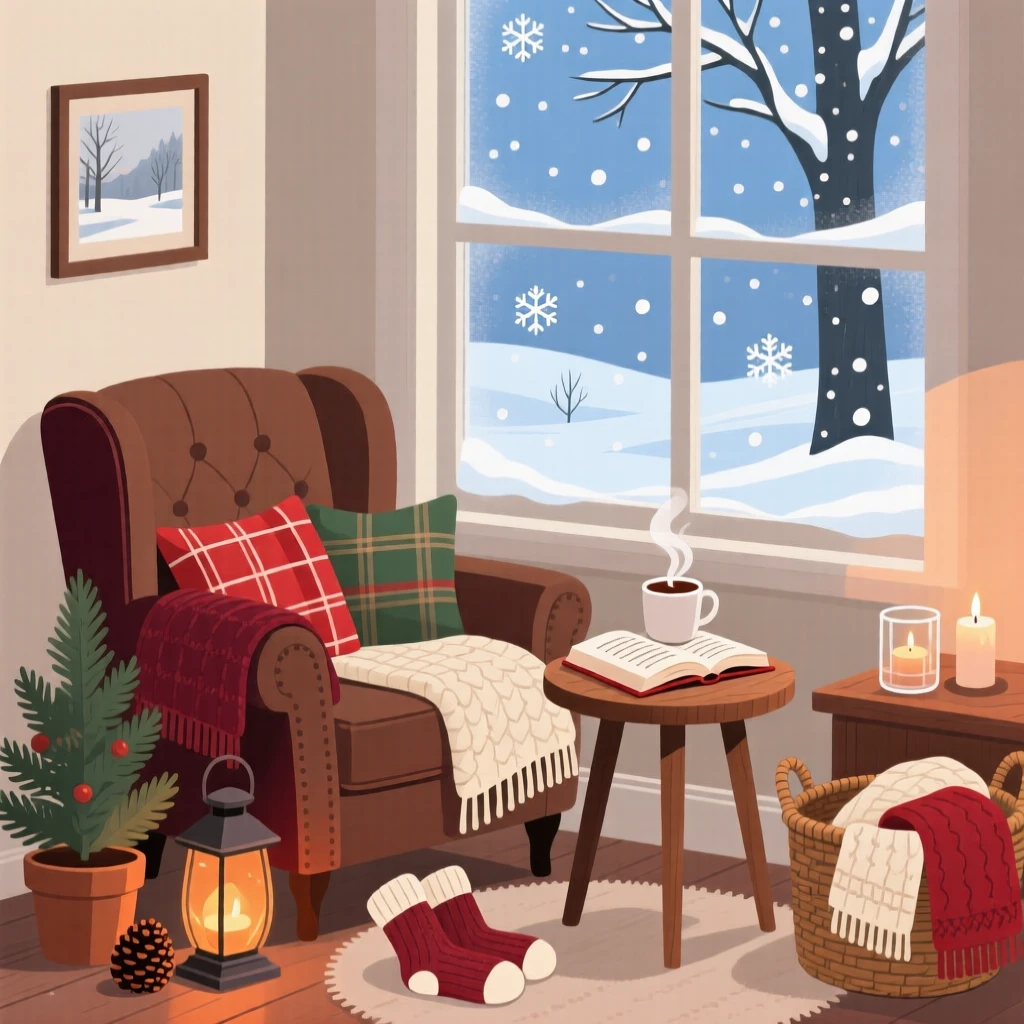 A cozy winter reading nook with a view of falling snow, surrounded by gentle seasonal weather elements, composed with cozy, inviting seasonal warmth, with charming small details that evoke the season perfectly.
