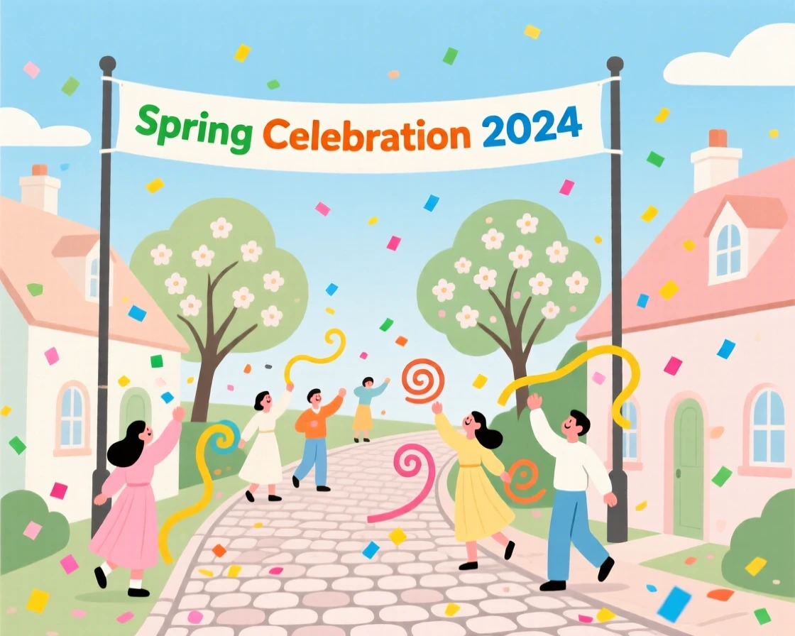 A spring celebration with confetti and streamers filling a village street.