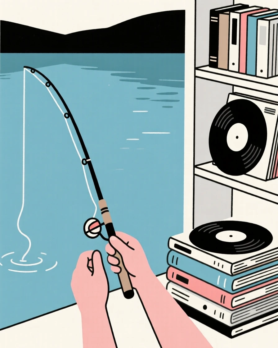 A close view of hands fishing at a quiet lake near stacks of vinyl records in a small home library, full of focused calm.