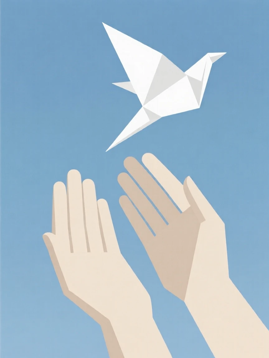 A pair of hands releasing a paper bird into the sky