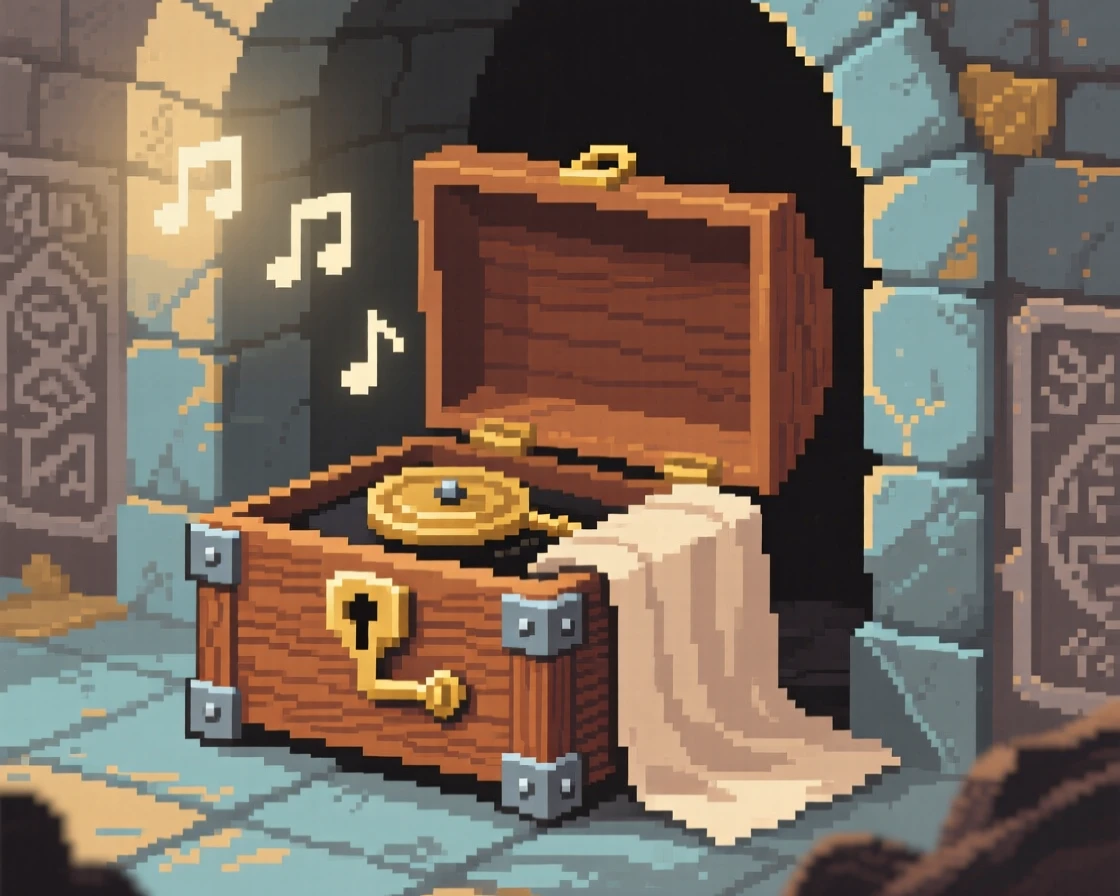 A music box that plays on its own wrapped in a cloth inside a wooden box, within an ancient hidden vault.