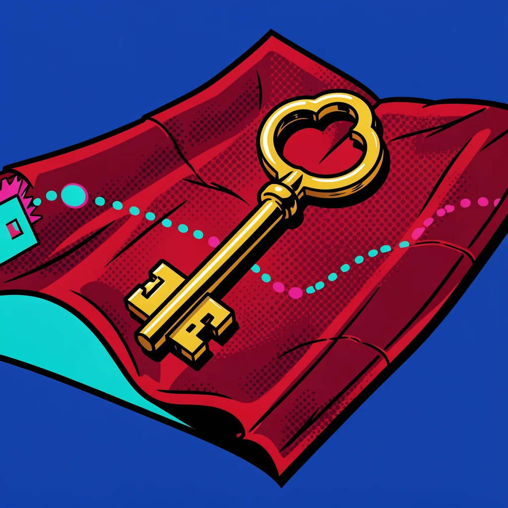 An old brass key resting on a velvet map