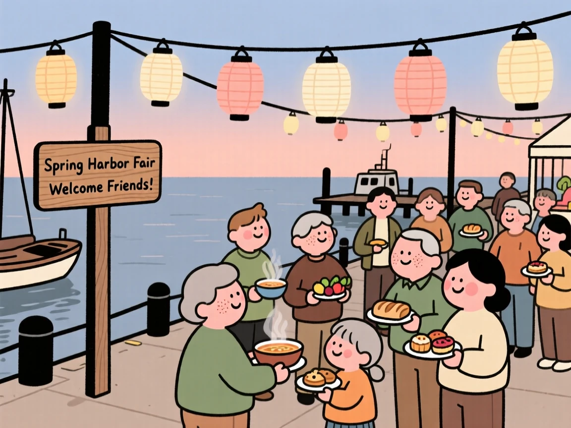 A community gathers in the harbor promenade for a spring fair, sharing plates of food beneath strings of paper lanterns as evening falls.