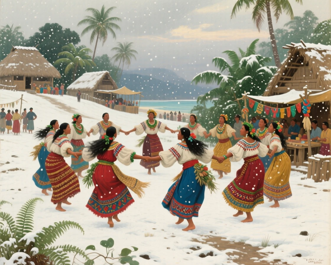A sweeping wide shot of a traditional folk dance performed in colorful costumes at a village fair, in gentle falling snow, on a Pacific island.