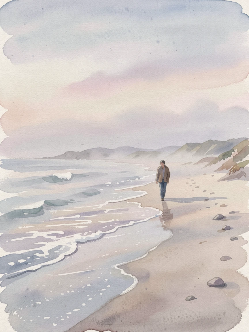 A solitary figure walking along a foggy beach at dawn evoking a deep sense of calm.