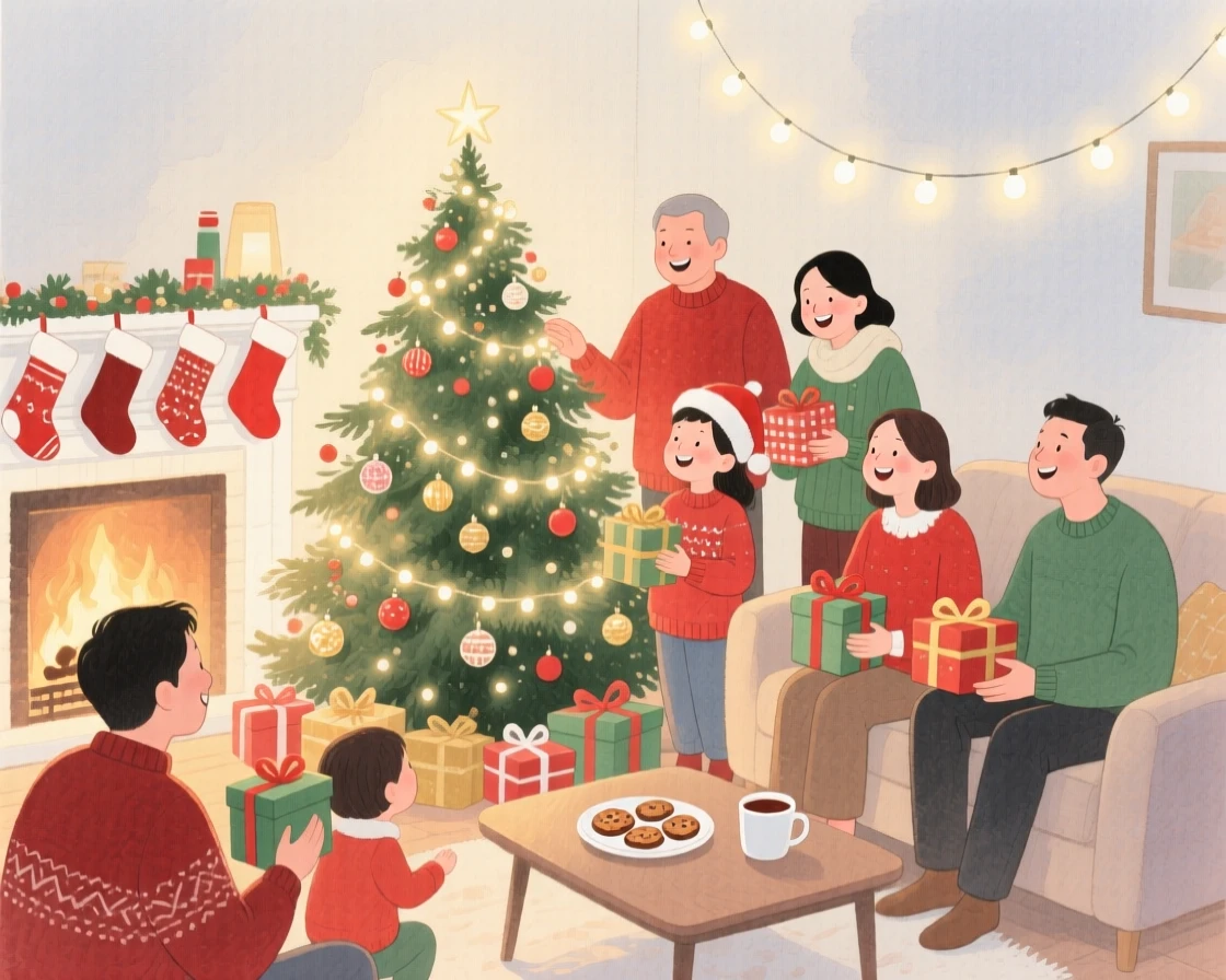 A joyful scene of a Christmas morning gathering, decorated with twinkling string lights, capturing the warmth of the celebration