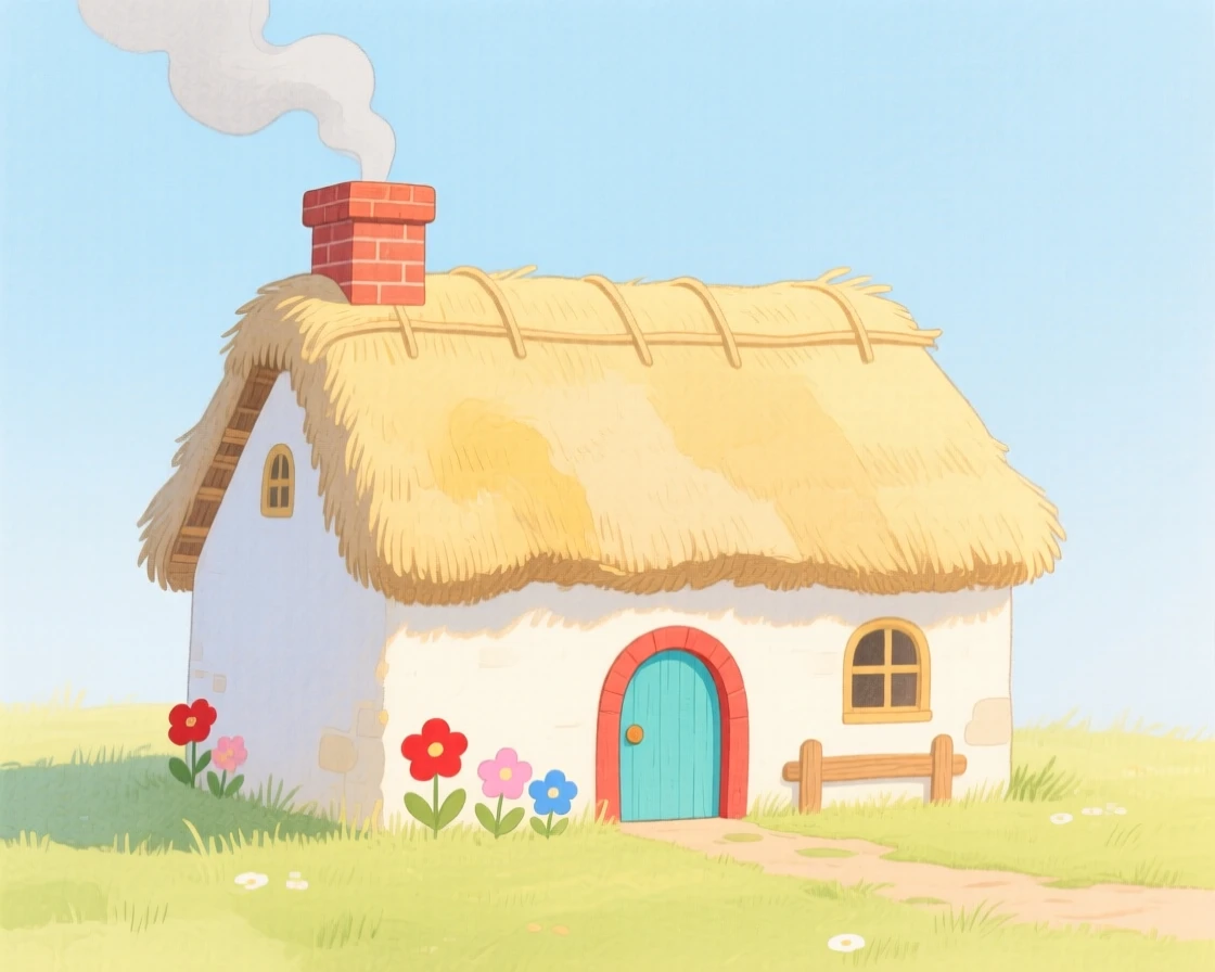 A thatched-roof cottage with a smoking chimney, warm and inviting on a quiet afternoon.