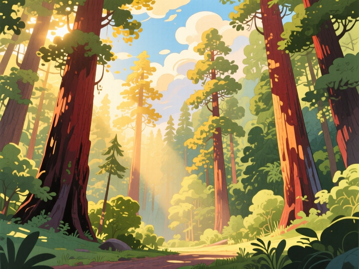 A redwood forest with sunlight beaming through the canopy, with golden light breaking through scattered clouds, evoking peaceful serenity and awe.