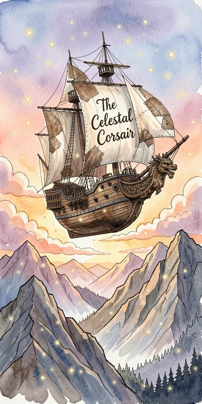 A sky pirate airship drifting above a mountain range at sunset, stars or glowing motes drifting gently through the air.