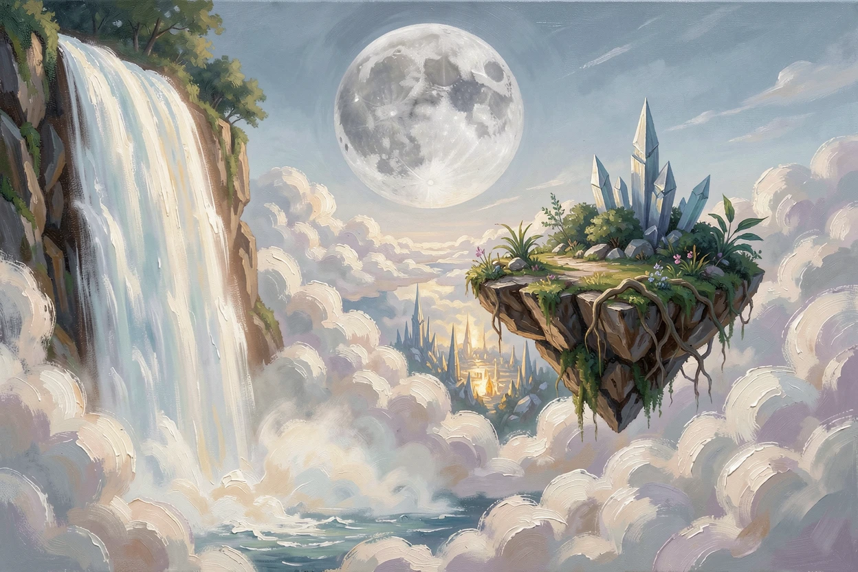 Beside a waterfall that seems to glow from within, a floating island suspended above a sea of clouds, clouds parting to reveal a hidden realm beyond, beneath a full, silver moon.