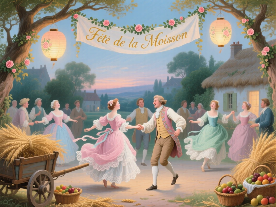 A village dance celebrating the end of harvest beneath lanterns  