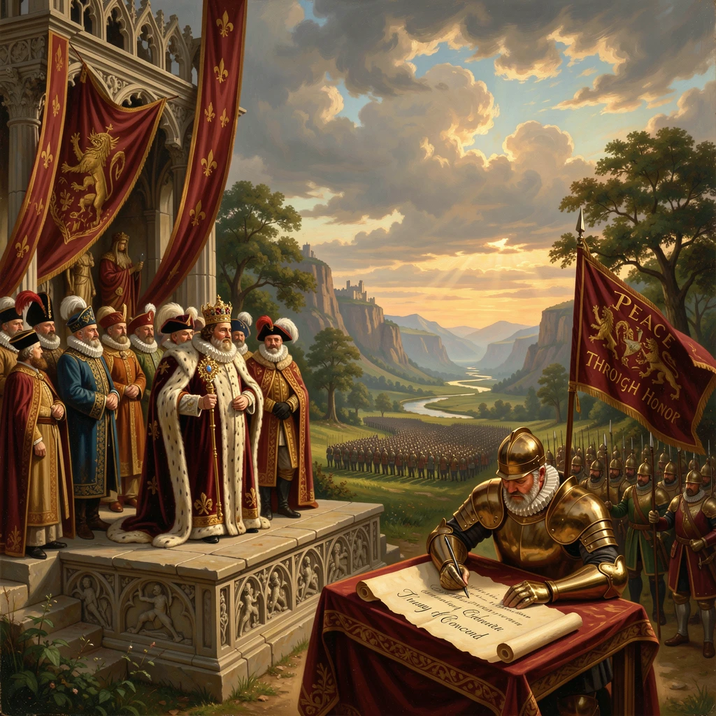 An army signs a treaty following a grand coronation ceremony under the watchful eyes of nobles.