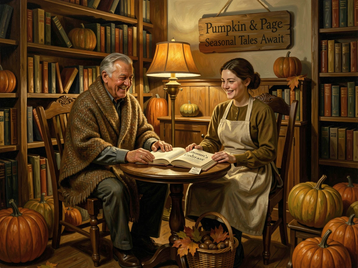 A cozy autumn bookstore corner decorated with pumpkins and warm lighting, as joyful expressions capture the spirit of the celebration, capturing the warmth, joy, and magic of the season